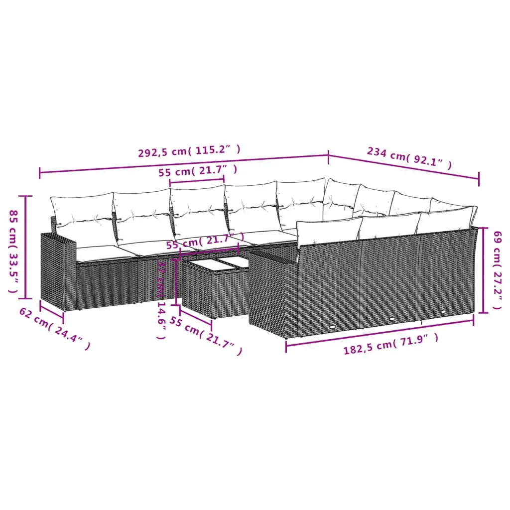 Outdoor Furniture Set 11 Piece Modular Patio Grey Poly Rattan Sofa with Thick Cushions and Tempered Glass Tabletop