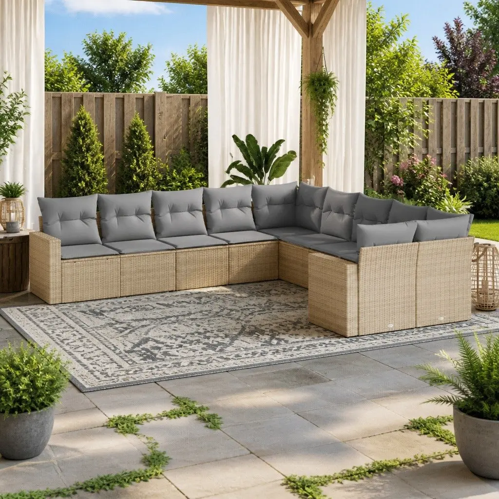 10 Piece Modular Outdoor Garden Sofa Set PE Rattan Beige Cushions Patio Lounge Furniture