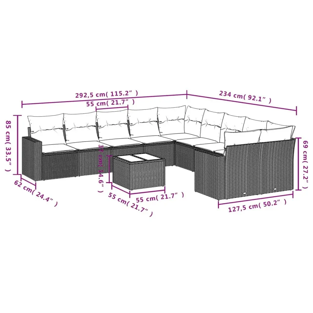 Outdoor Garden Sofa Set 11 Piece Black Poly Rattan Furniture Patio with Cushions