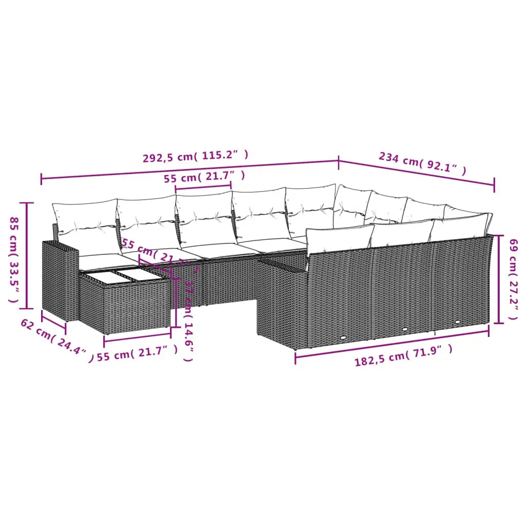 Garden Sofa Set 11 Piece Black Poly Rattan Outdoor Furniture Patio Lounge with