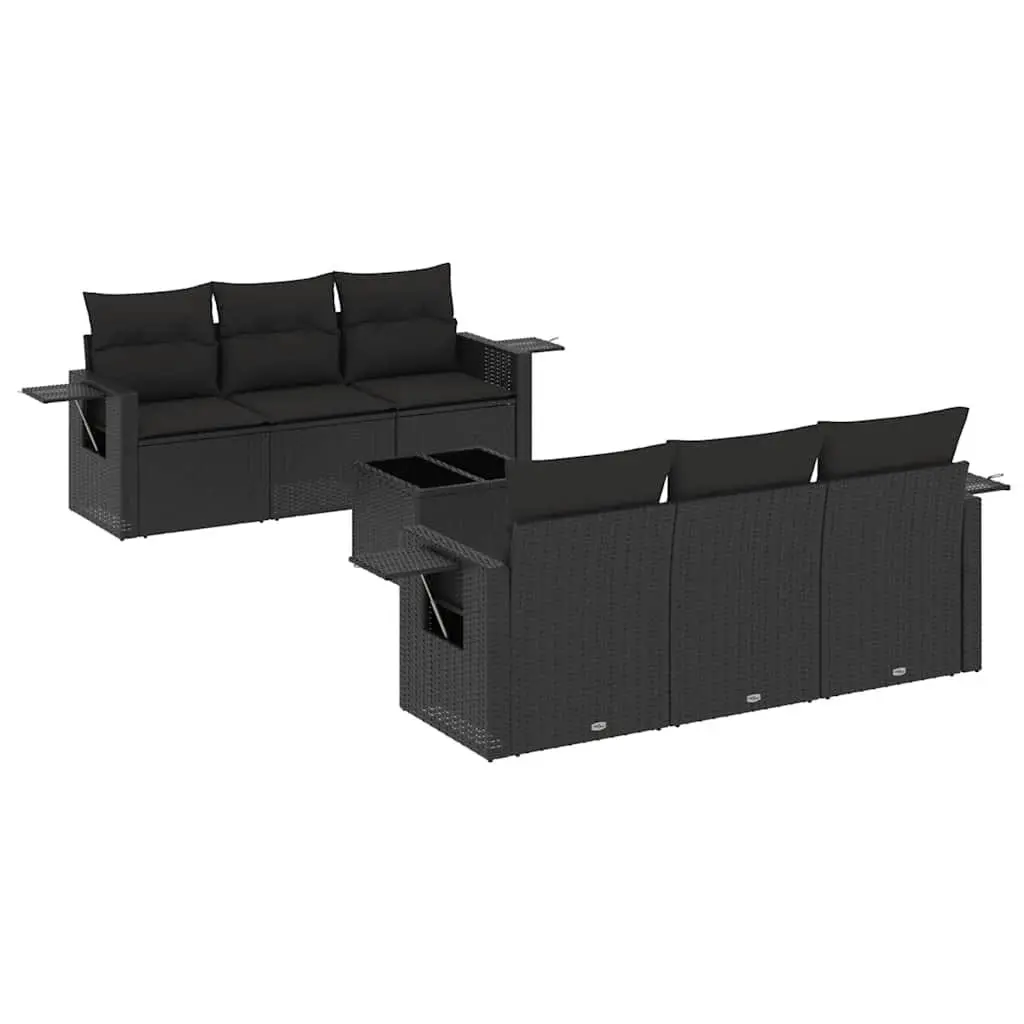 Outdoor Sofa Set 7 Piece Modular Black PE Rattan with Cushions and Glass Table