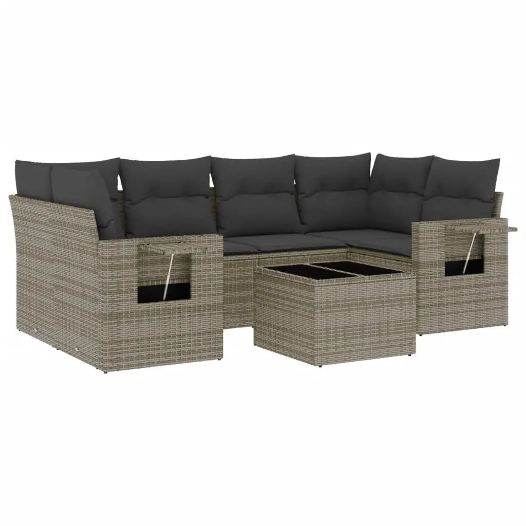 7 Piece Modular Outdoor Sofa Set Grey Poly Rattan with Cushions and Tempered Glass Tabletop for Patio and Garden