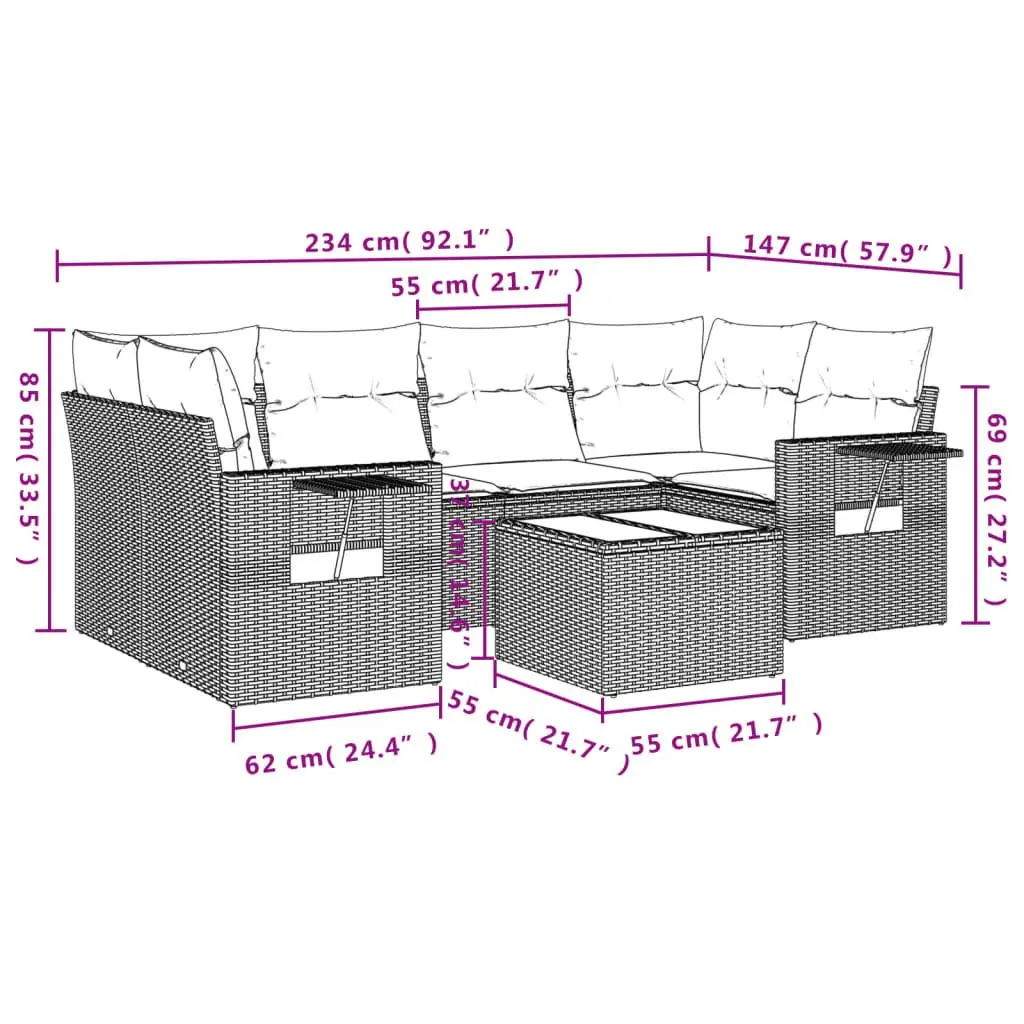 7 Piece Modular Outdoor Sofa Set Grey Poly Rattan with Cushions and Tempered Glass Tabletop for Patio and Garden