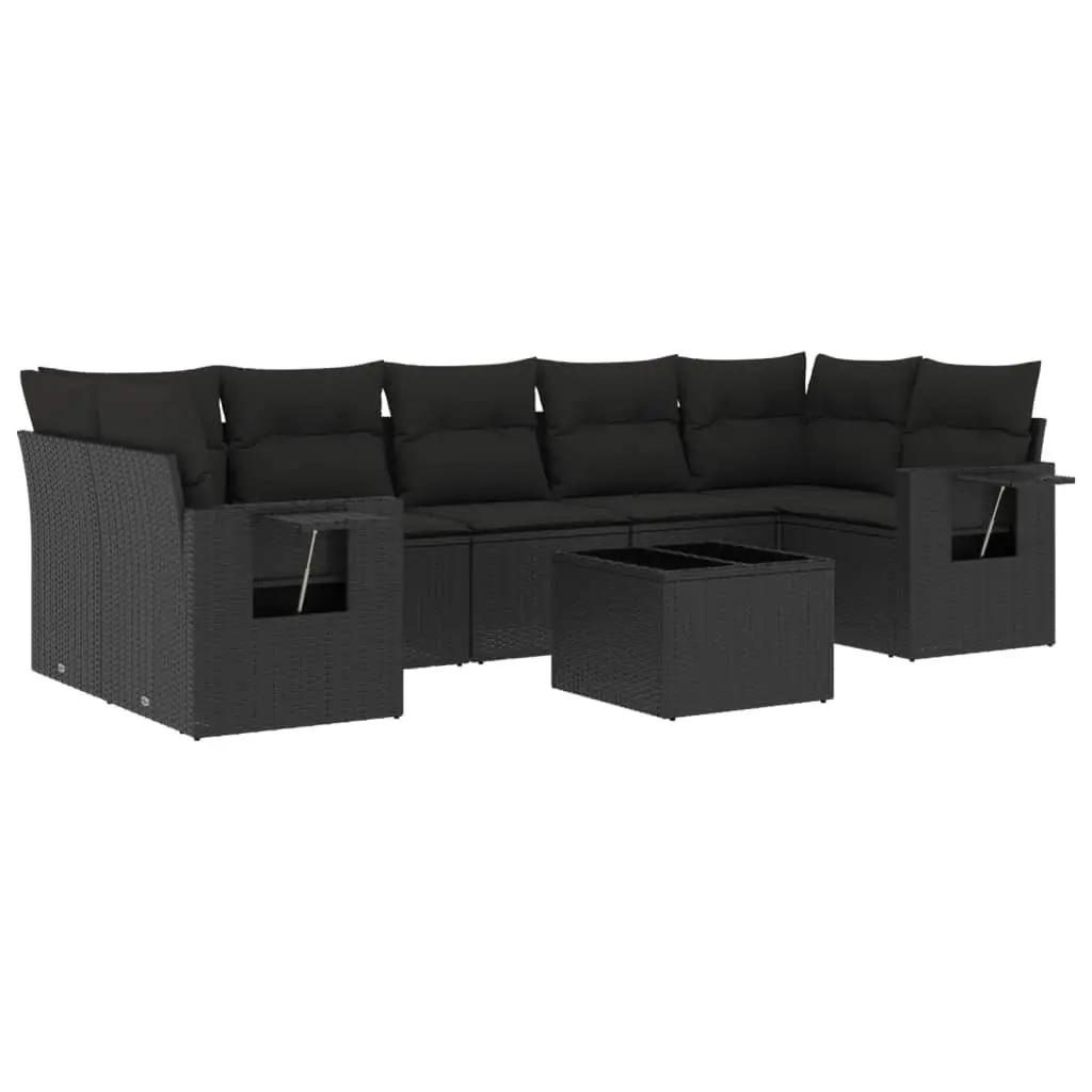 Modular Outdoor Furniture Set Black Rattan 8 Piece Patio Lounge with Tempered Glass Table and Foldable Side Tables