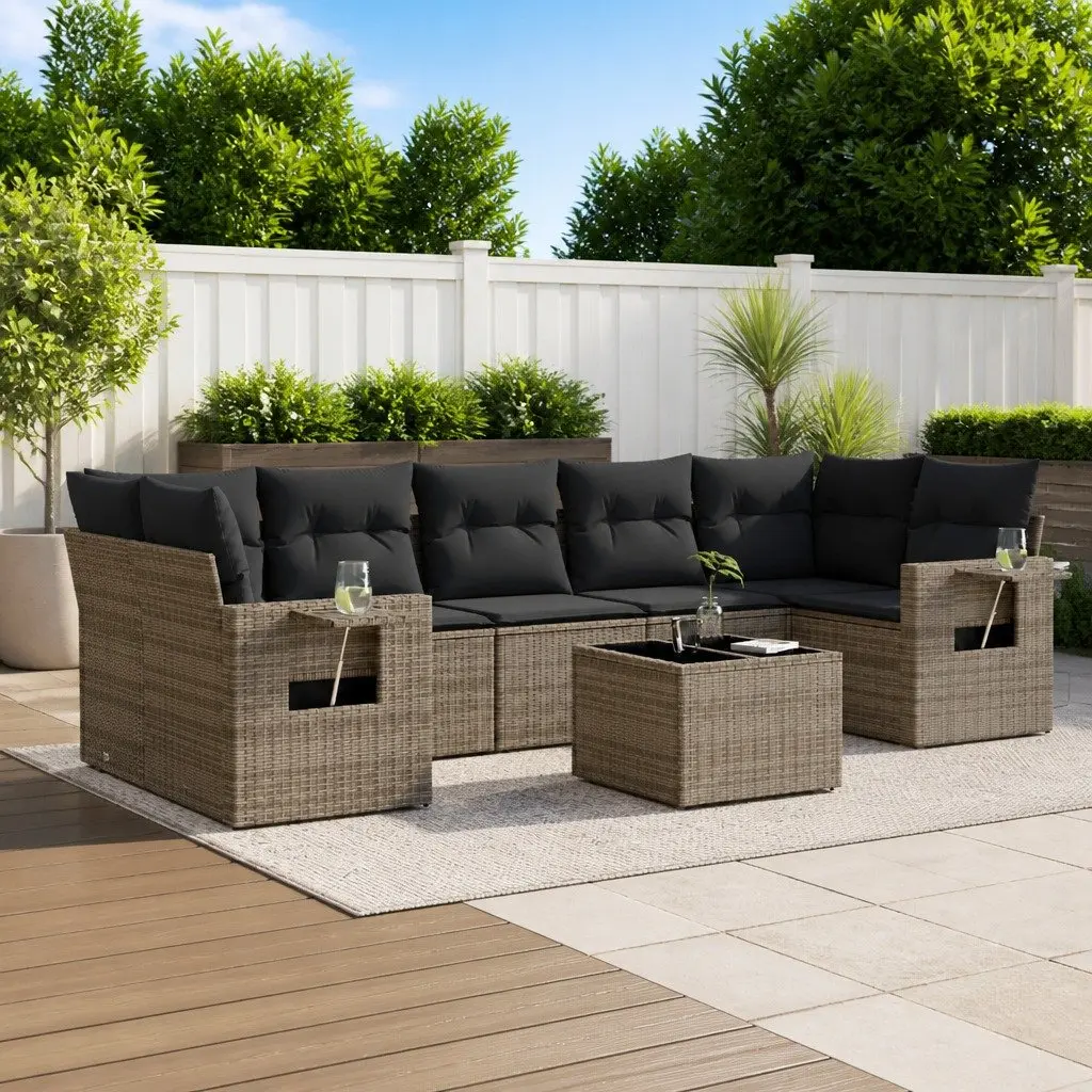 8 Piece Garden Sofa Set PE Rattan Modular Grey with Cushions and Tempered Glass Table