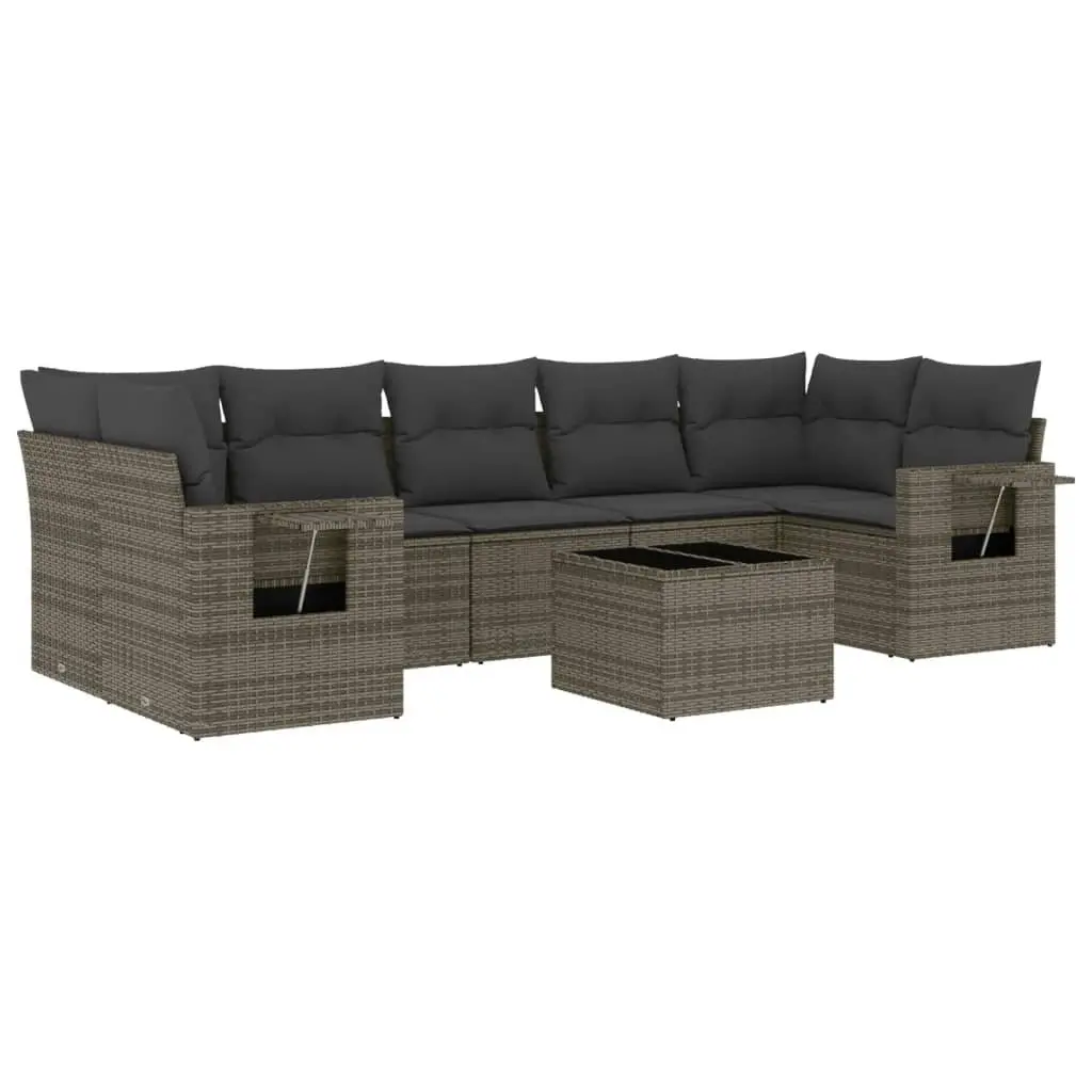 8 Piece Garden Sofa Set PE Rattan Modular Grey with Cushions and Tempered Glass Table