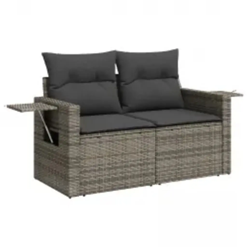 8 Piece Garden Sofa Set PE Rattan Modular Grey with Cushions and Tempered Glass Table