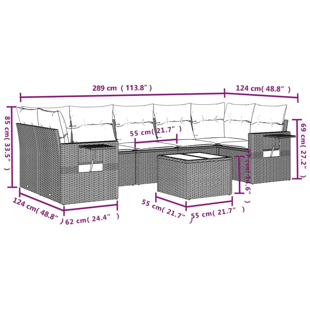 8 Piece Garden Sofa Set PE Rattan Modular Grey with Cushions and Tempered Glass Table
