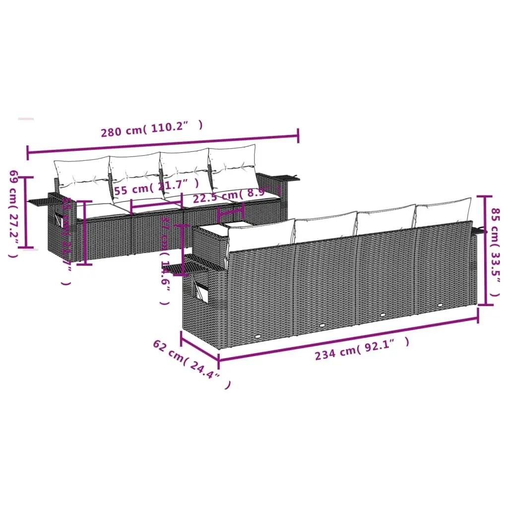 Garden Sofa Set 9 Piece PE Rattan Outdoor Furniture Black with Cushions
