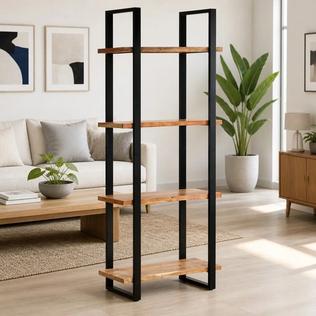4ShelfBookcaseVintageIndustrialBrownSolidAcaciaWood80x40x180cmPowderCoatedIronFrameStorageDisplayUnit