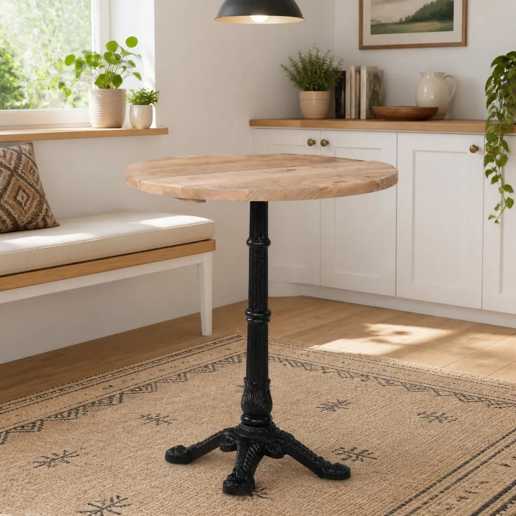 Round Bistro Table Cast Iron Base Rough Mango Wood 60cm Brown Height 76cm