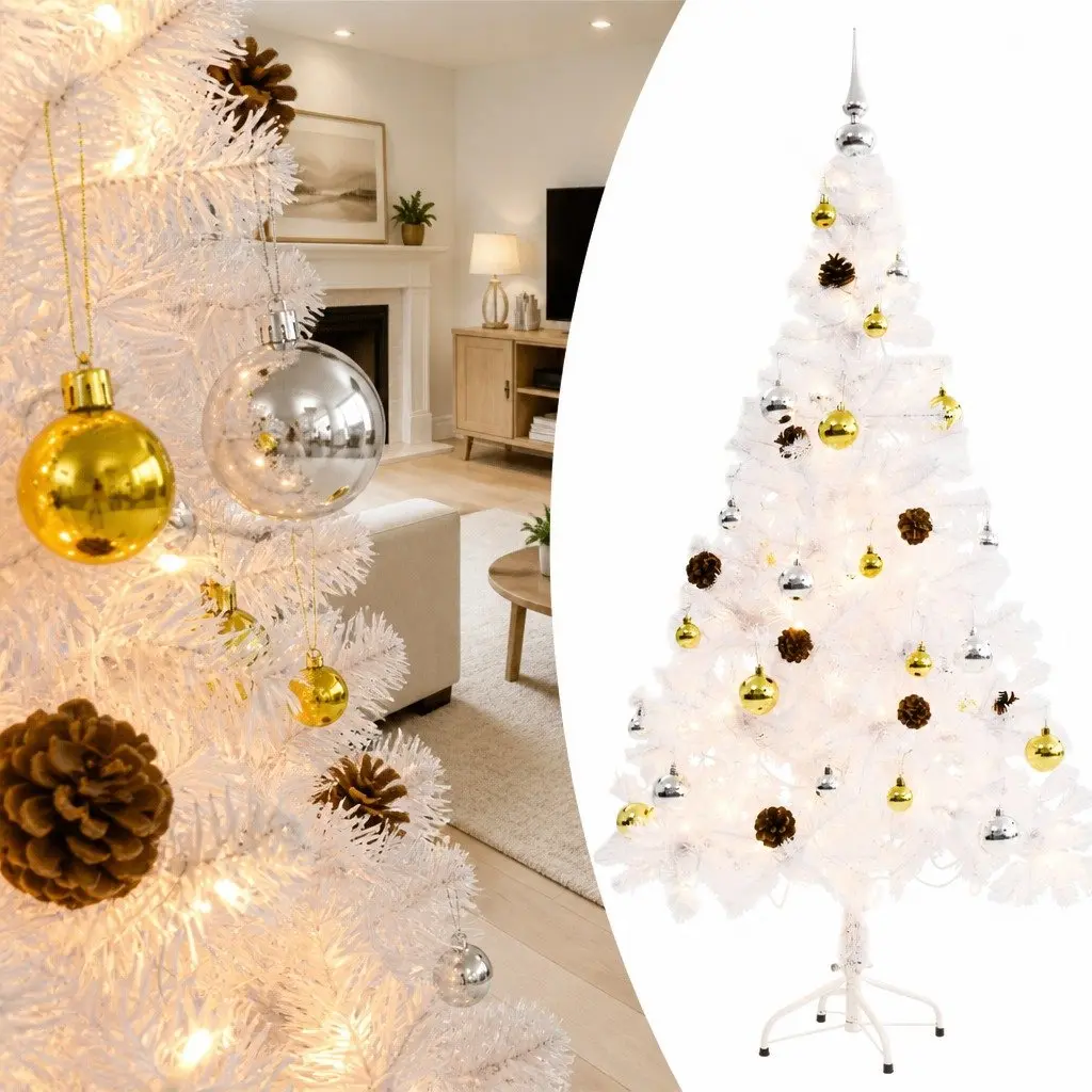 Artificial Christmas Tree Pre-lit 150cm White with Baubles and LED Lights