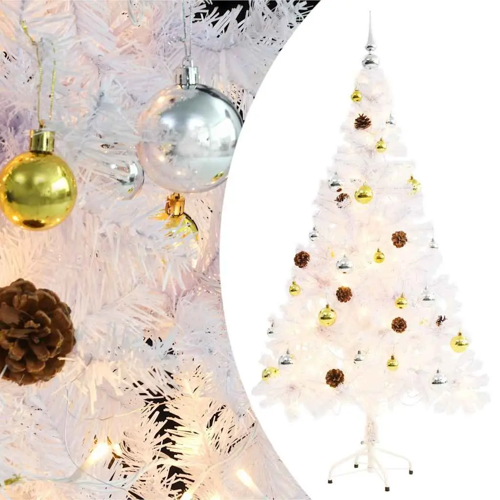 Artificial Christmas Tree Pre-lit 150cm White with Baubles and LED Lights
