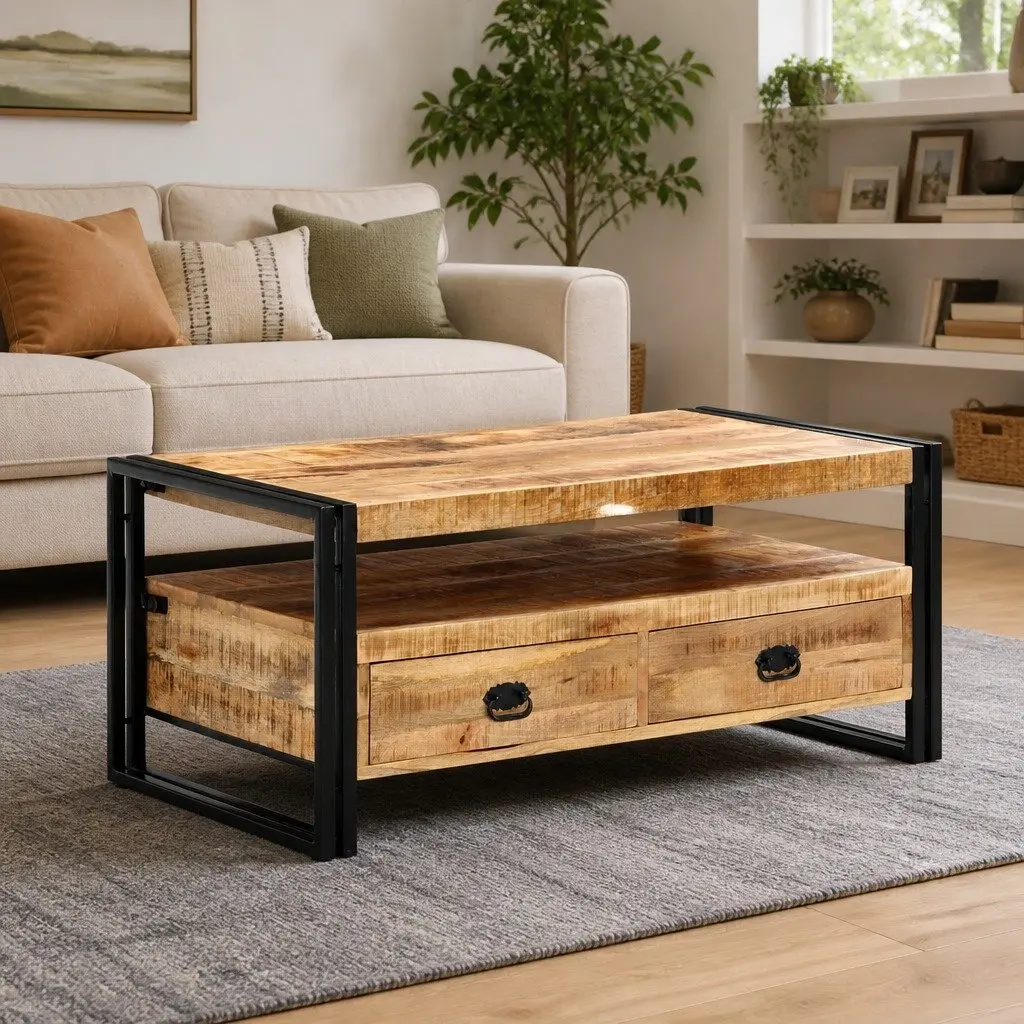 Coffee Table Solid Wood 100x55x45 cm Brown with Drawers Shelf Storage