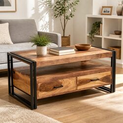 Coffee Table 100x55x45cm Solid Acacia Wood Storage Drawers Shelf Living Room
