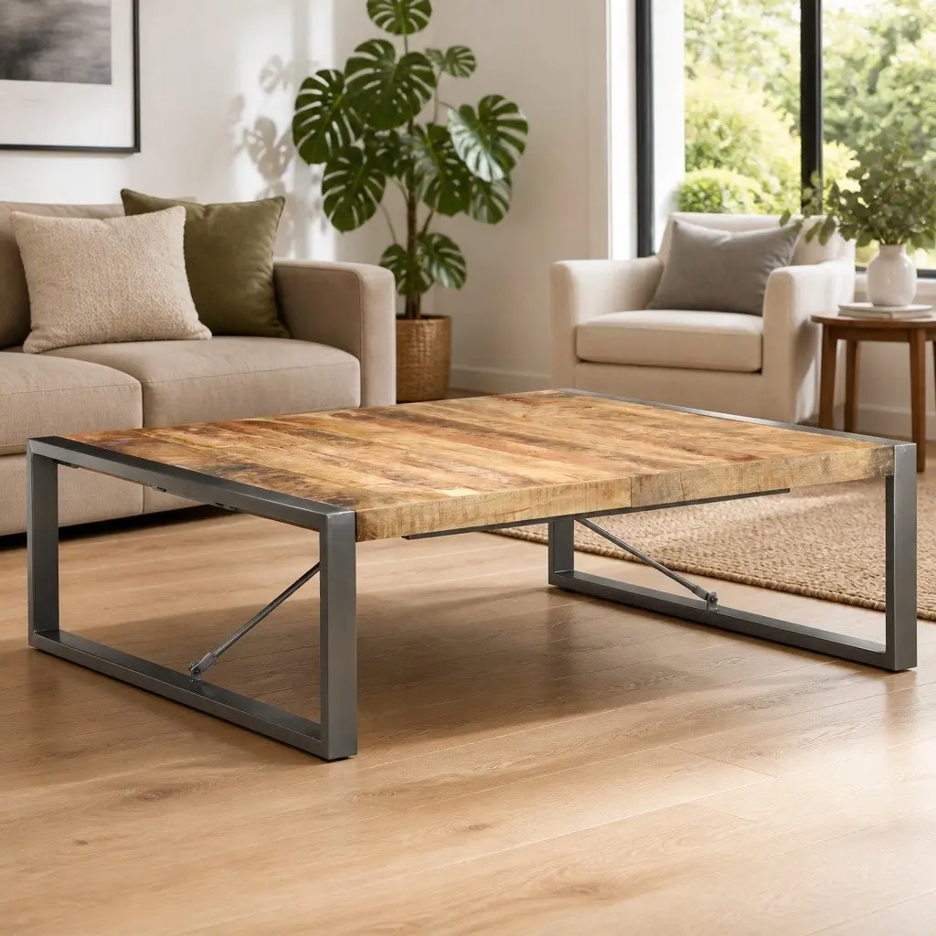 Coffee Table Solid Wood Mango 120x120x40 cm Grey Industrial Style