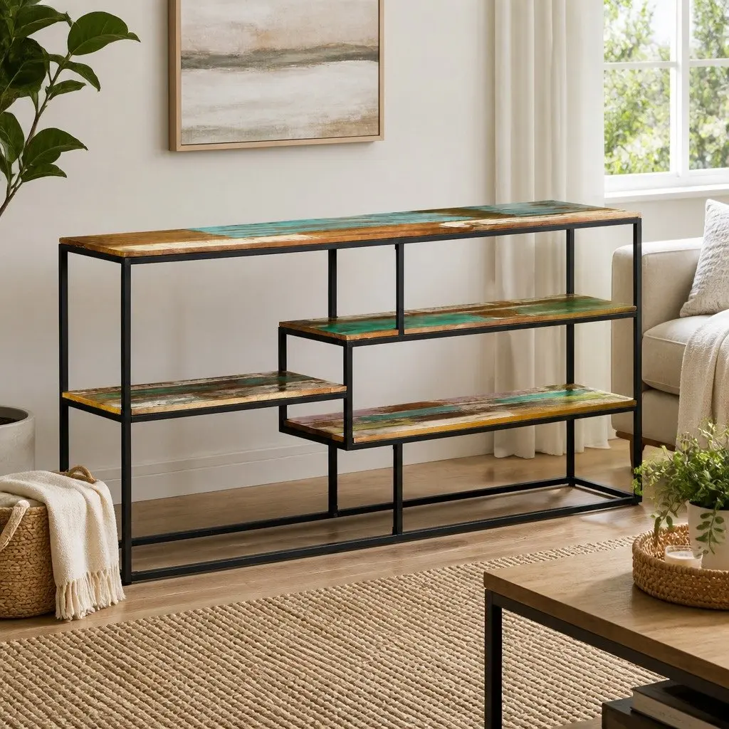 Reclaimed Wood Sideboard Industrial Storage Cabinet 150x30x75cm Brown Steel Frame