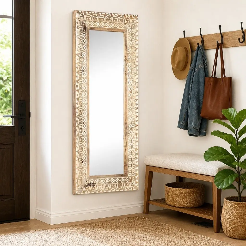 Hand-Carved Wooden Mirror for Home Use