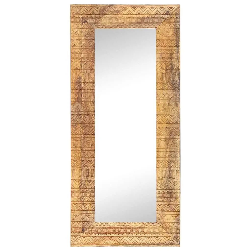 Hand-Carved Wooden Mirror Solid Mango Wood 110x50cm Brown Wall Decor Home Accent
