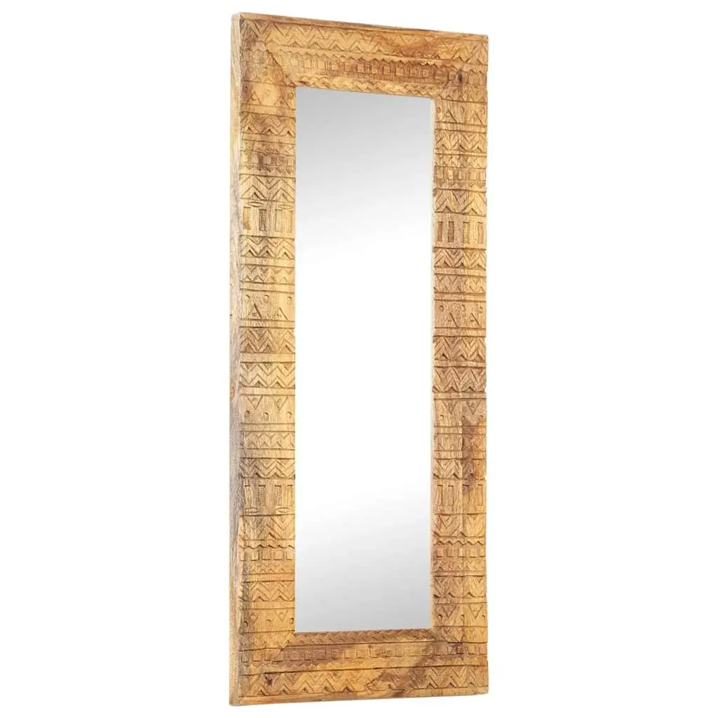 Hand-Carved Wooden Mirror Solid Mango Wood 110x50cm Brown Wall Decor Home Accent