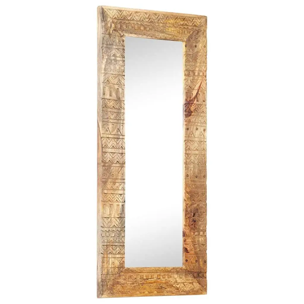 Hand-Carved Wooden Mirror Solid Mango Wood 110x50cm Brown Wall Decor Home Accent