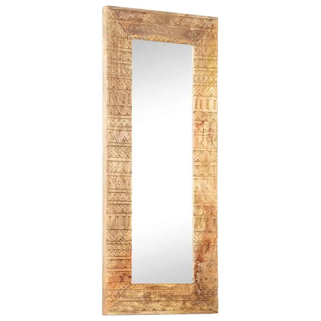 Hand-Carved Wooden Mirror Solid Mango Wood 110x50cm Brown Wall Decor Home Accent