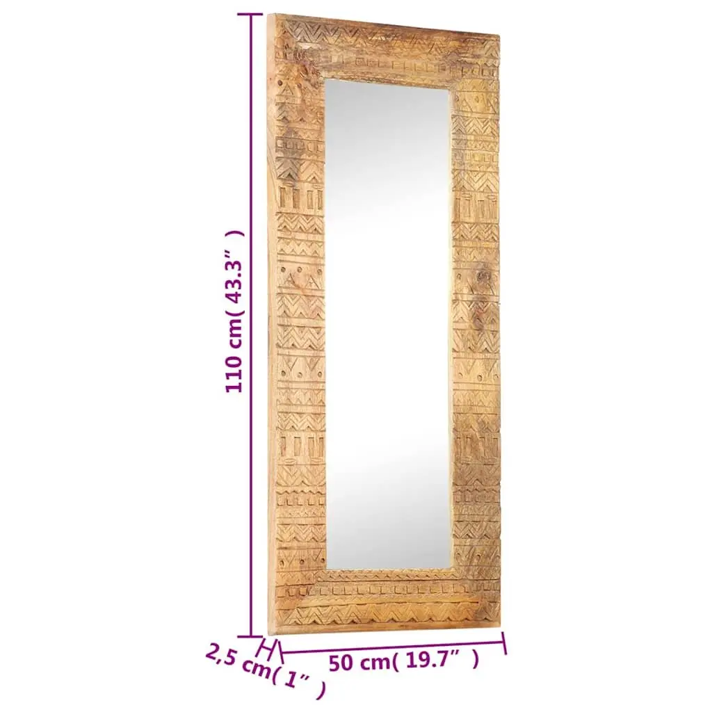 Hand-Carved Wooden Mirror Solid Mango Wood 110x50cm Brown Wall Decor Home Accent