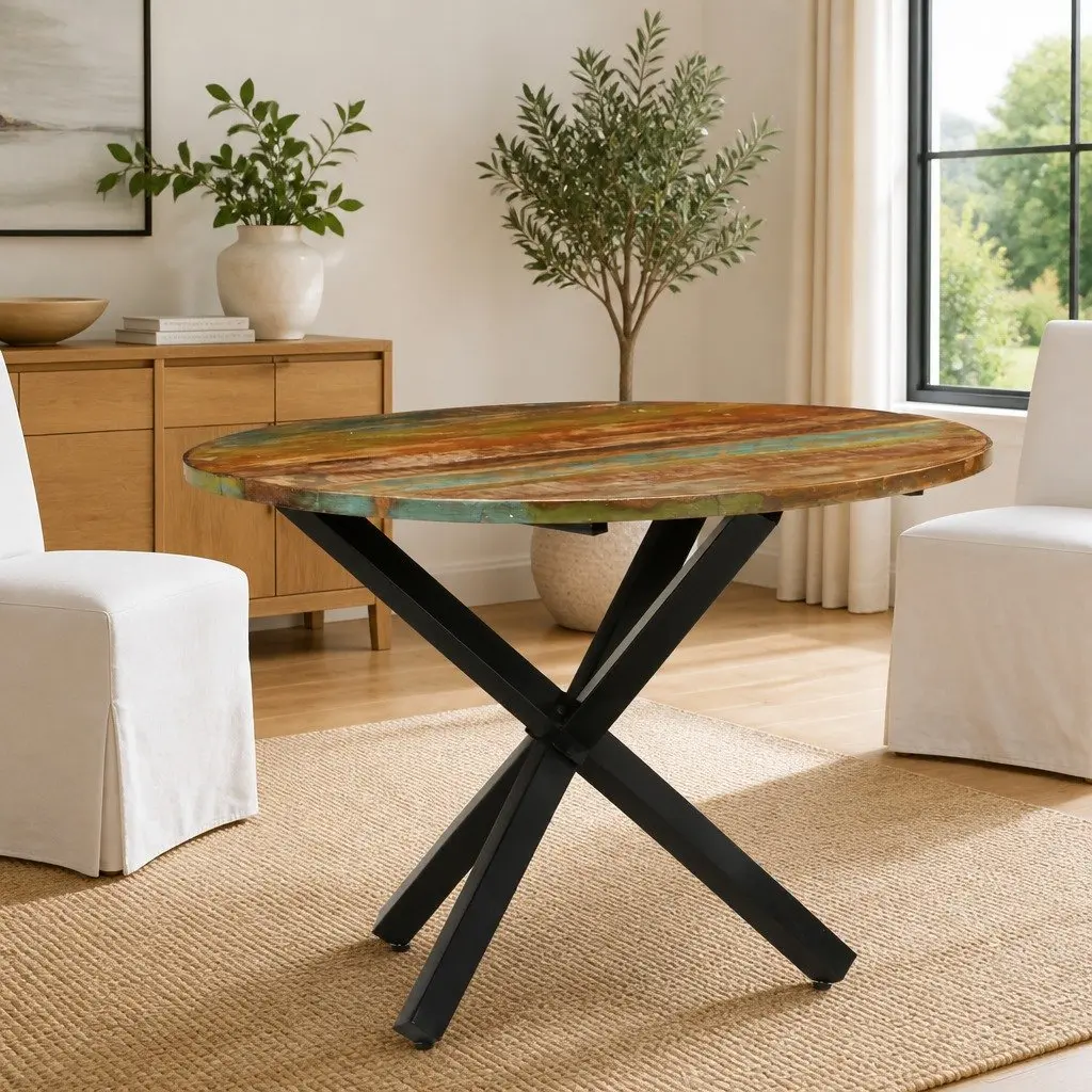 Round Dining Table 100x100x75cm Reclaimed Wood Kitchen Furniture Brown