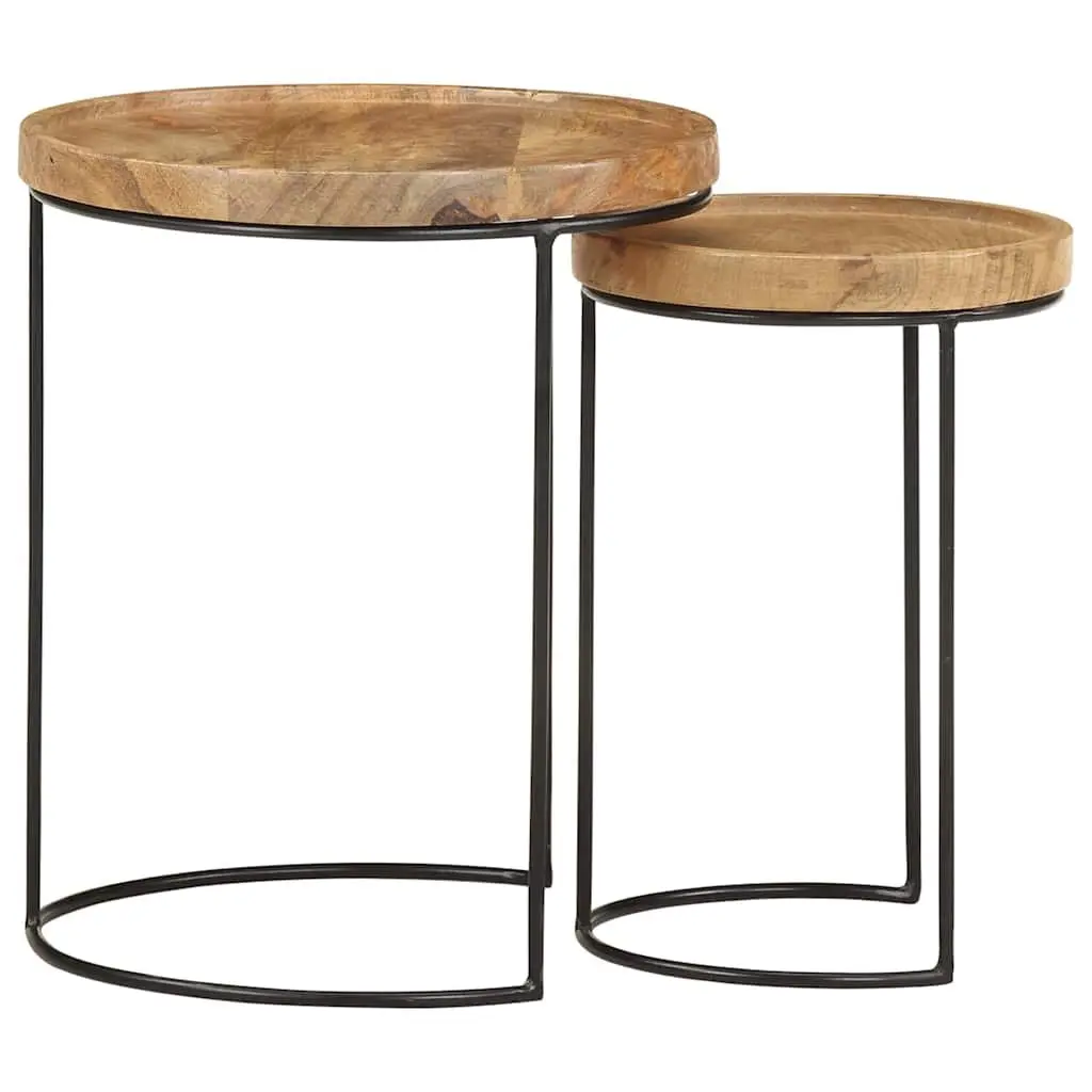 2 Piece Coffee Table Set Solid Mango Wood Steel Frame Brown Vintage Style