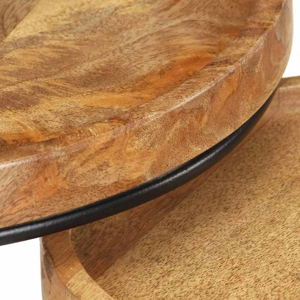 2 Piece Coffee Table Set Solid Mango Wood Steel Frame Brown Vintage Style