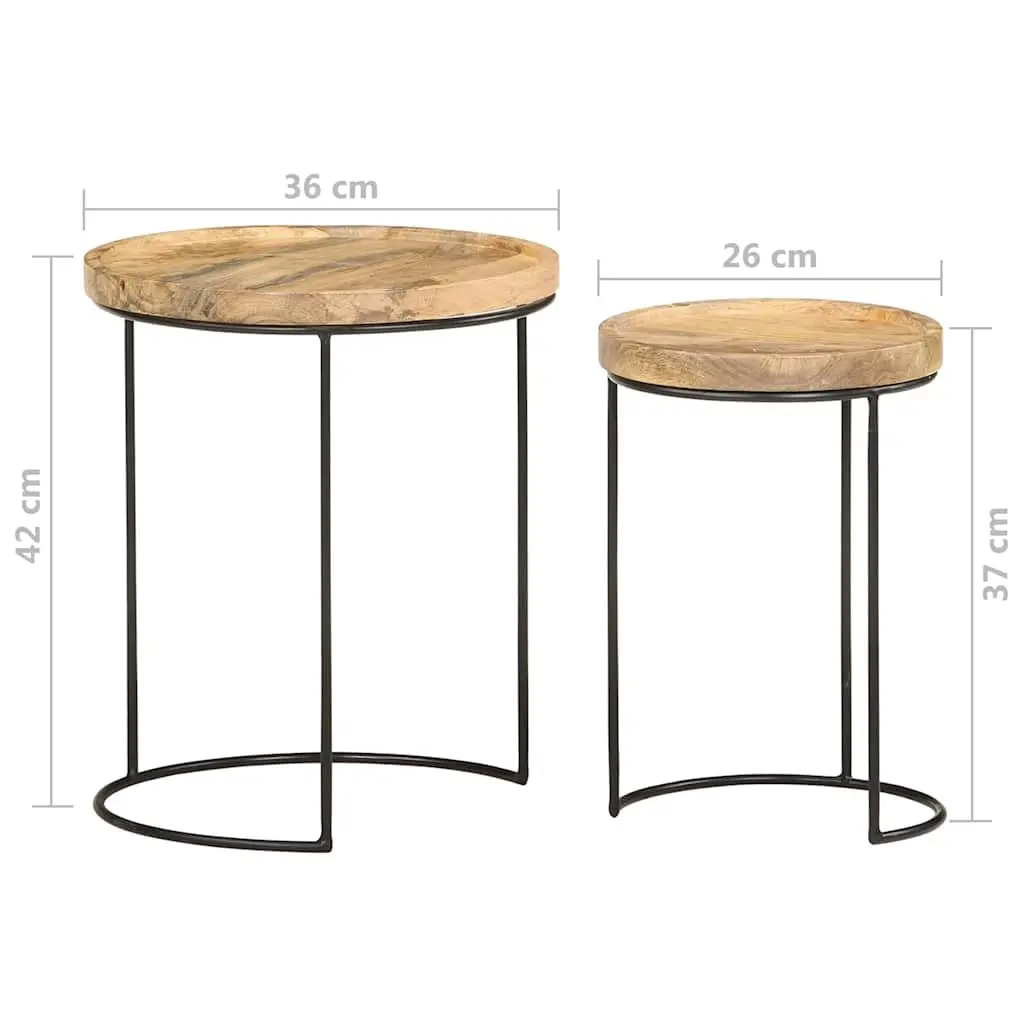 2 Piece Coffee Table Set Solid Mango Wood Steel Frame Brown Vintage Style