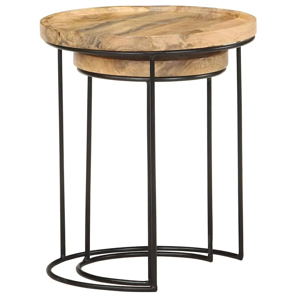 2 Piece Coffee Table Set Solid Mango Wood Steel Frame Brown Vintage Style