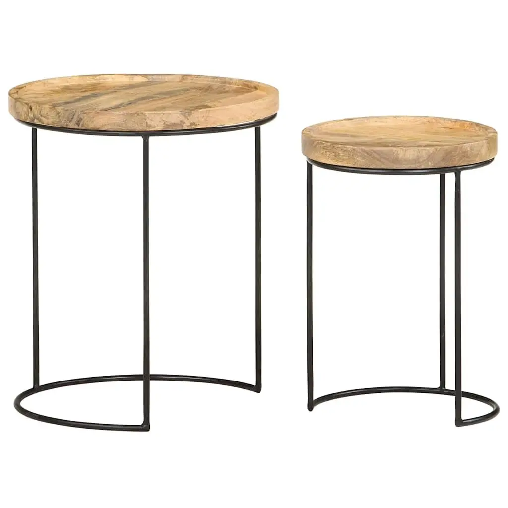 2 Piece Coffee Table Set Solid Mango Wood Steel Frame Brown Vintage Style