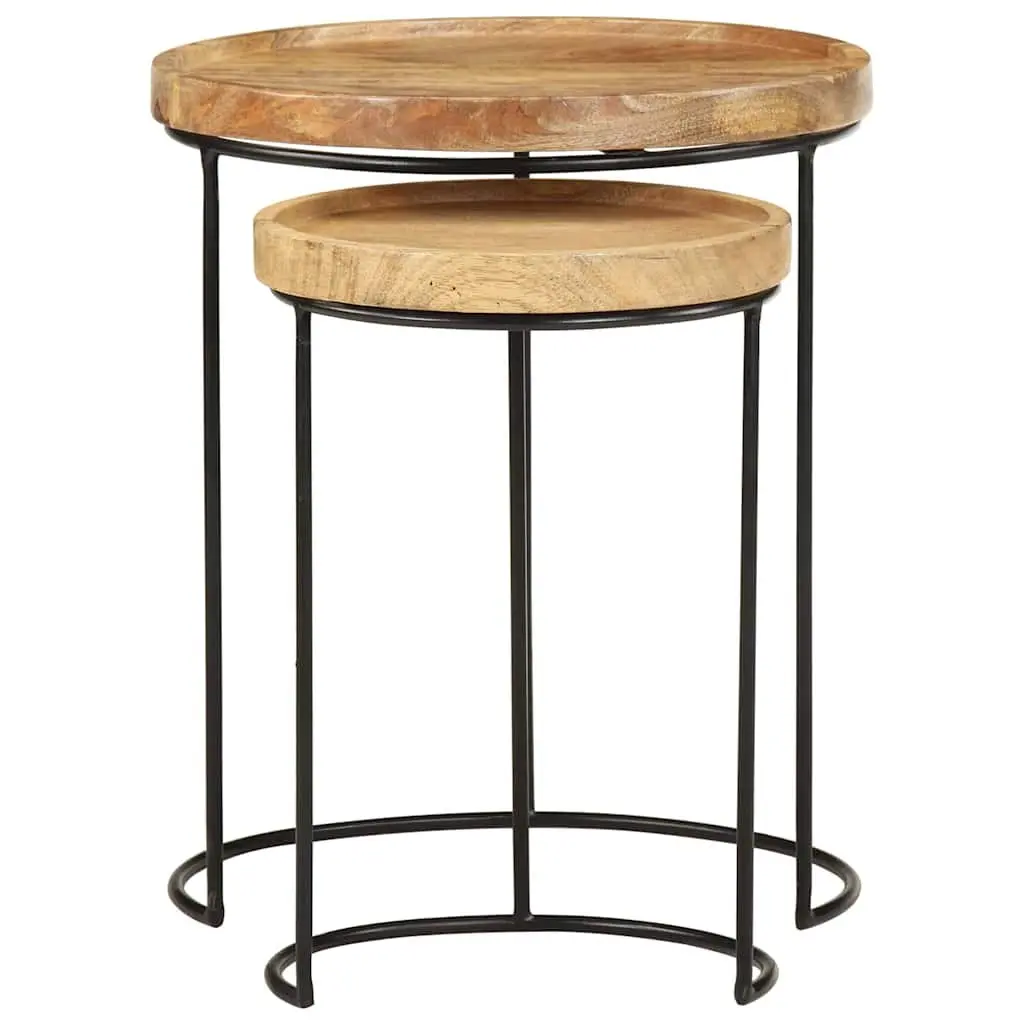2 Piece Coffee Table Set Solid Mango Wood Steel Frame Brown Vintage Style