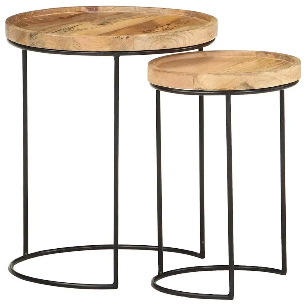 2 Piece Coffee Table Set Solid Mango Wood Steel Frame Brown Vintage Style