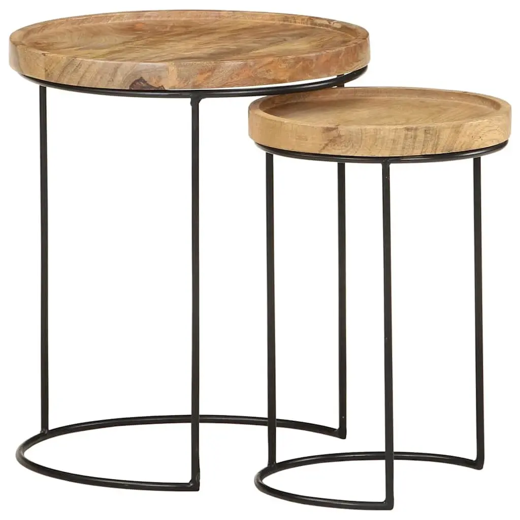 2 Piece Coffee Table Set Solid Mango Wood Steel Frame Brown Vintage Style