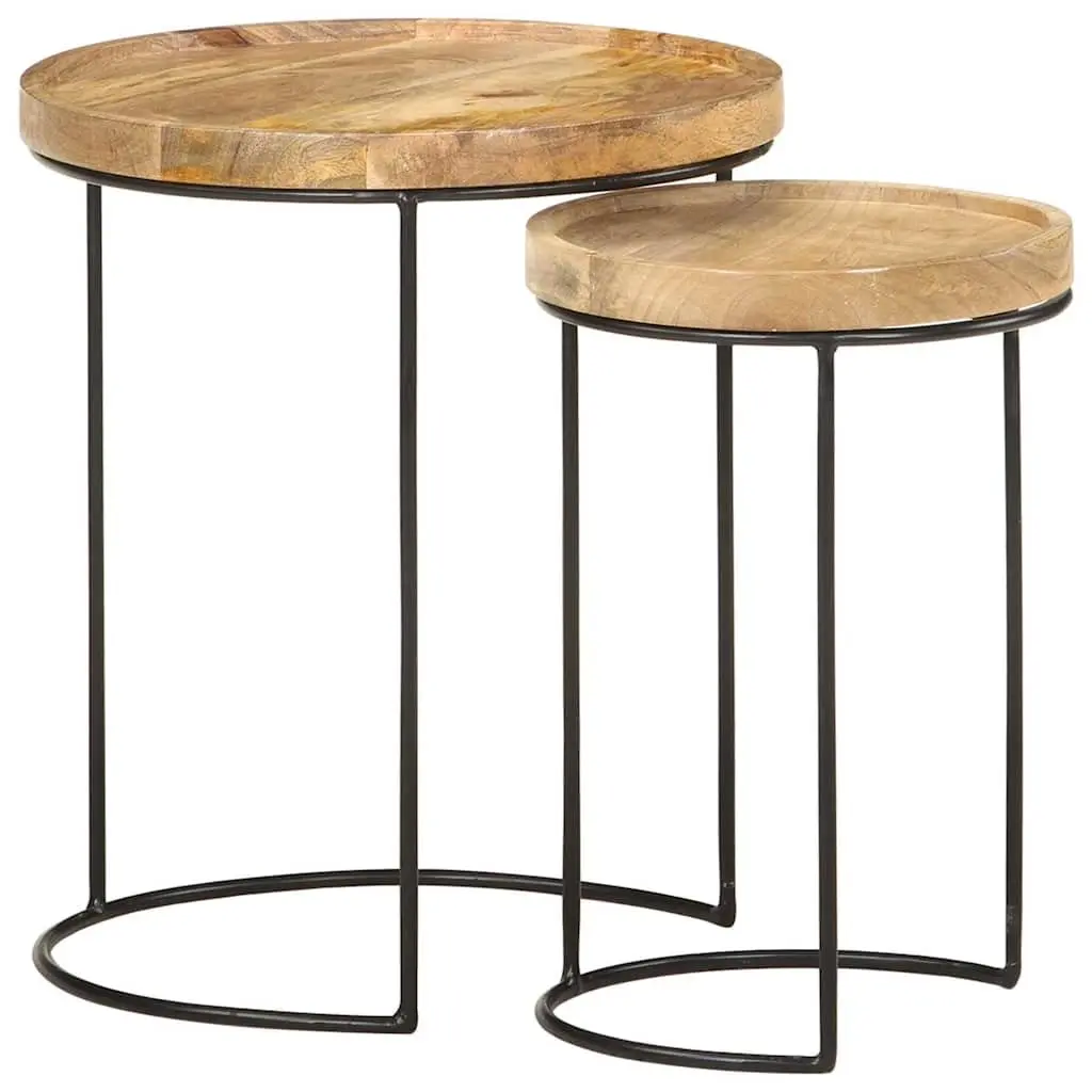 2 Piece Coffee Table Set Solid Mango Wood Steel Frame Brown Vintage Style