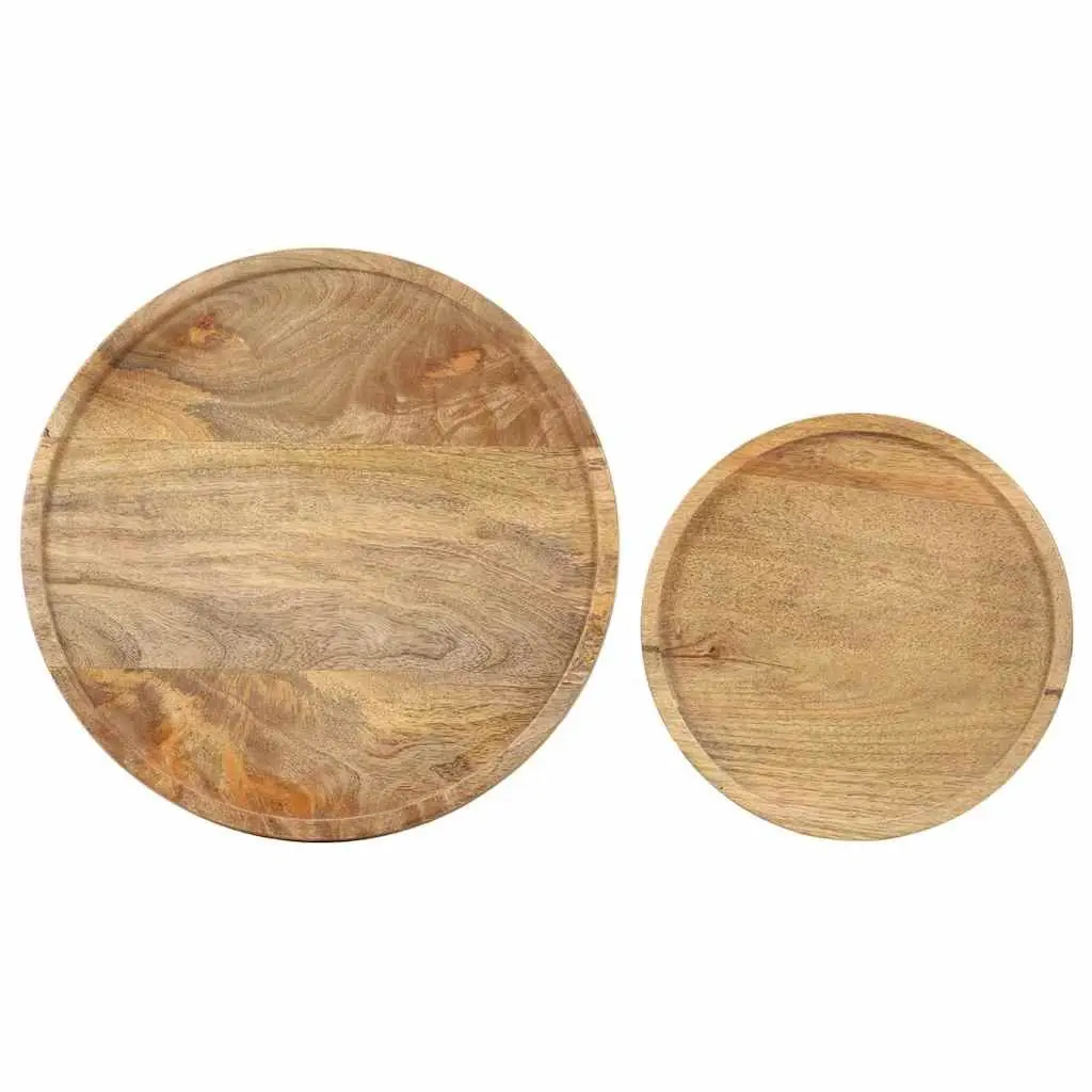 2 Piece Coffee Table Set Solid Mango Wood Steel Frame Brown Vintage Style