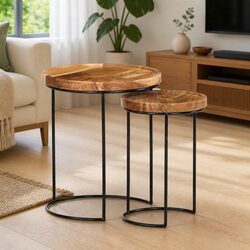 2 Piece Coffee Table Set Solid Acacia Wood Steel Frame Brown Accent Living Room