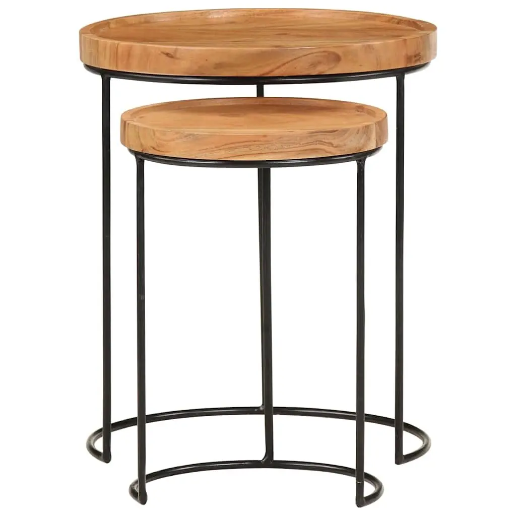 2 Piece Coffee Table Set Solid Acacia Wood Steel Frame Brown Accent Living Room