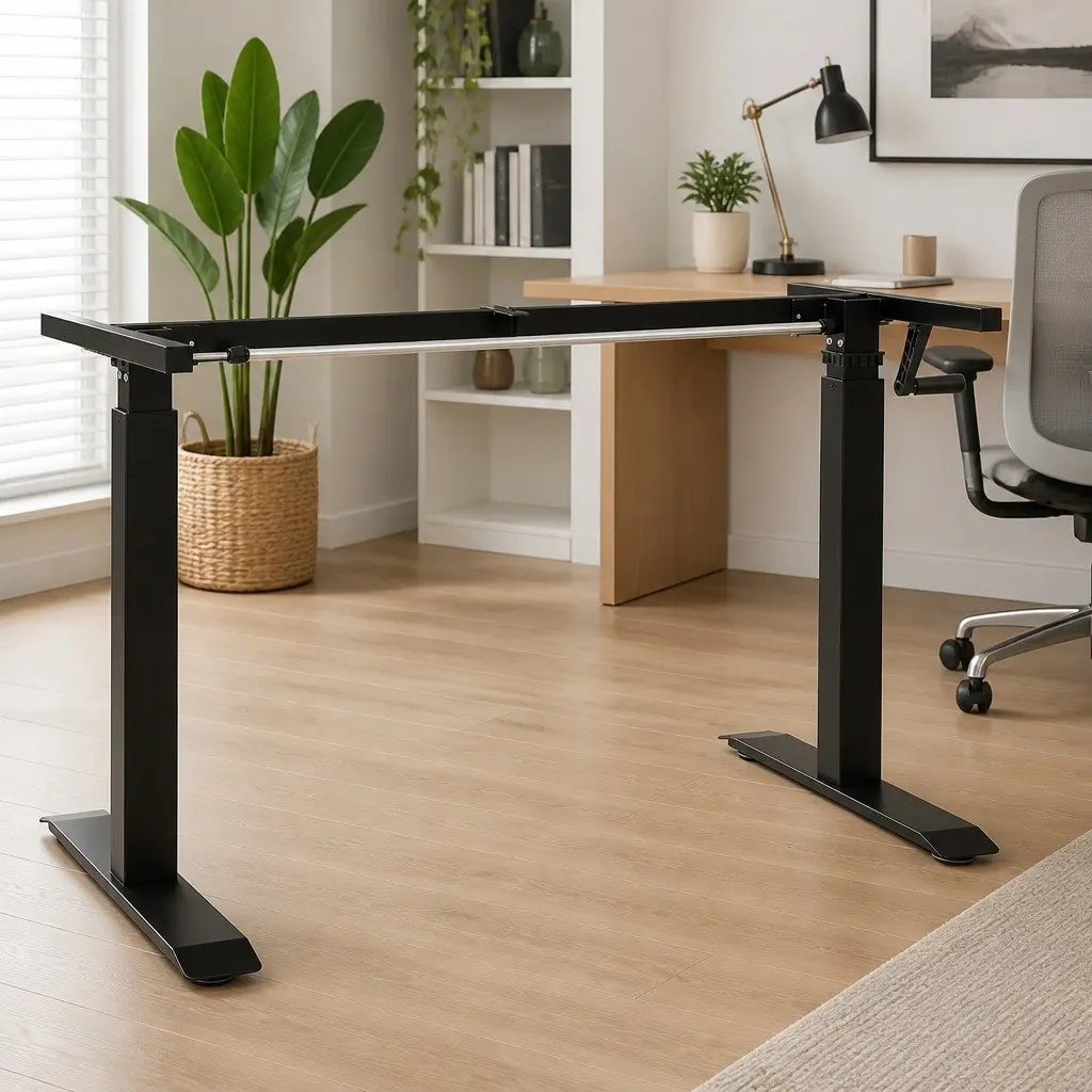 Manual Crank Adjustable Desk Frame Black Carbon Steel for Sit Stand 71 to 113 cm Height 102 to 160 cm Width