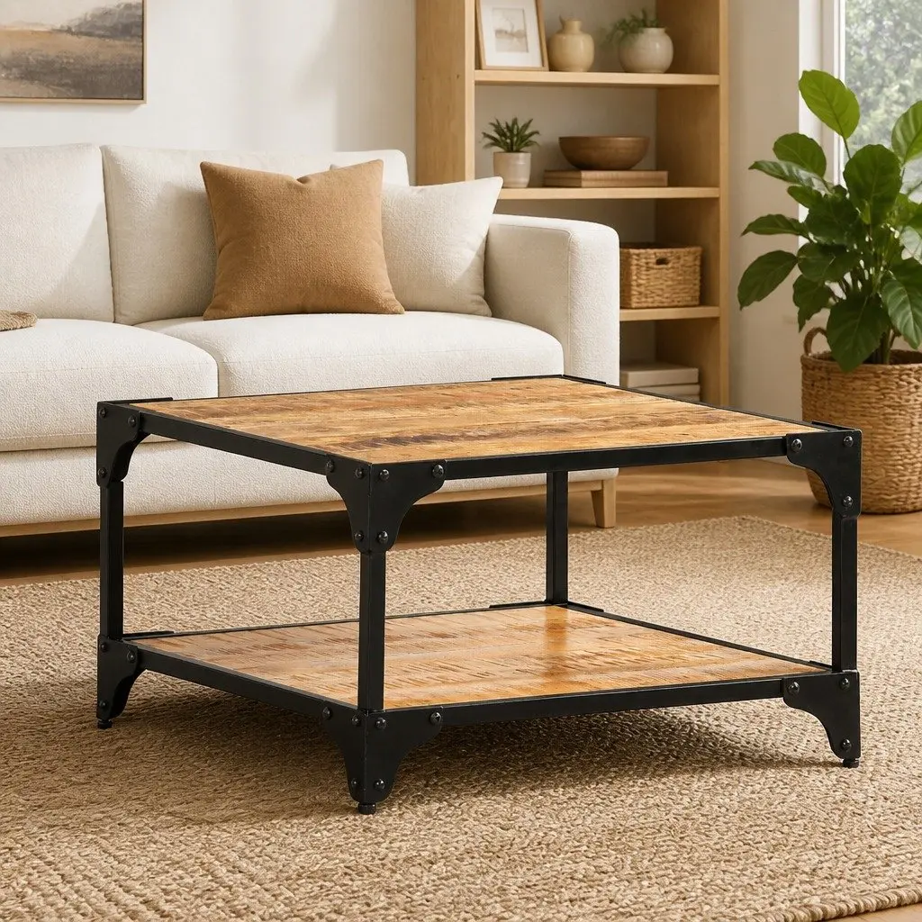 Coffee Table with Storage, Solid Mango Wood, 60x60x35 cm