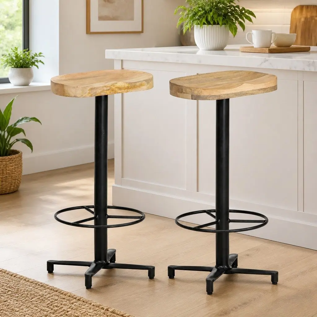 Mango Wood Bar Stools 76 cm Brown Powder-Coated Iron Base Footrest Set of 2