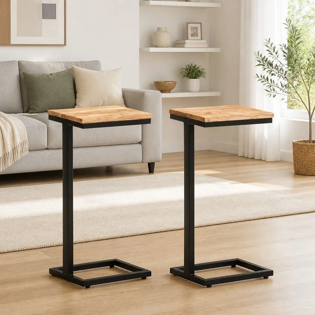 Side Table Solid Acacia Wood 31.5x24.5x64.5cm with Iron Legs Brown
