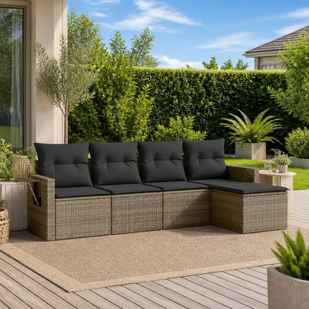 Garden Sofa Set 5 Piece Outdoor Furniture with Cushions Grey Rattan Patio