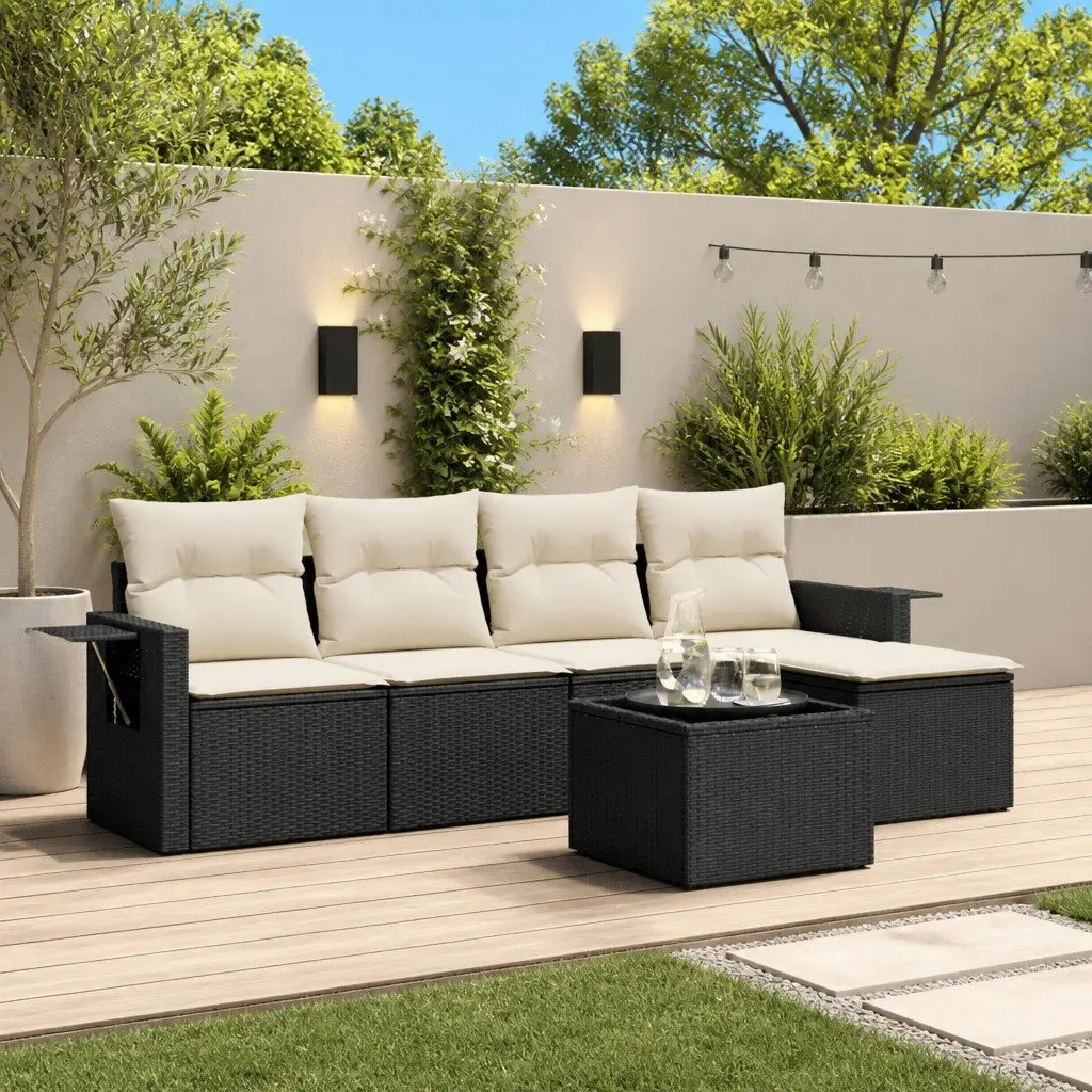 Garden Sofa Set PE Rattan Modular 6 Piece Outdoor Furniture Black with Cushions and Tempered Glass Table