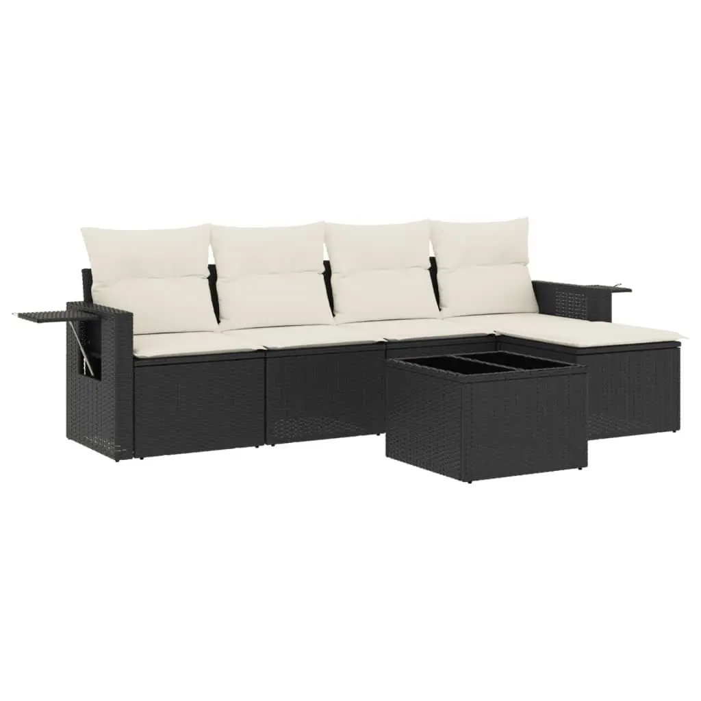 Garden Sofa Set PE Rattan Modular 6 Piece Outdoor Furniture Black with Cushions and Tempered Glass Table
