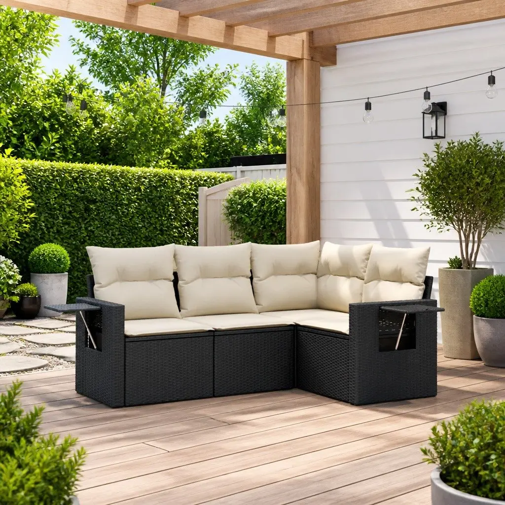 Garden Sofa Set PE Rattan 4 Piece Modular Outdoor Furniture Black Patio Lounge