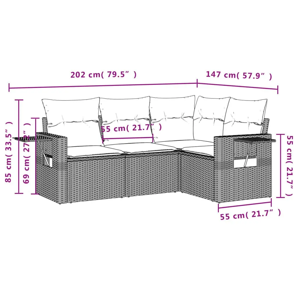 4 Piece Garden Sofa Set Grey PE Rattan Modular Outdoor Furniture with Cushions