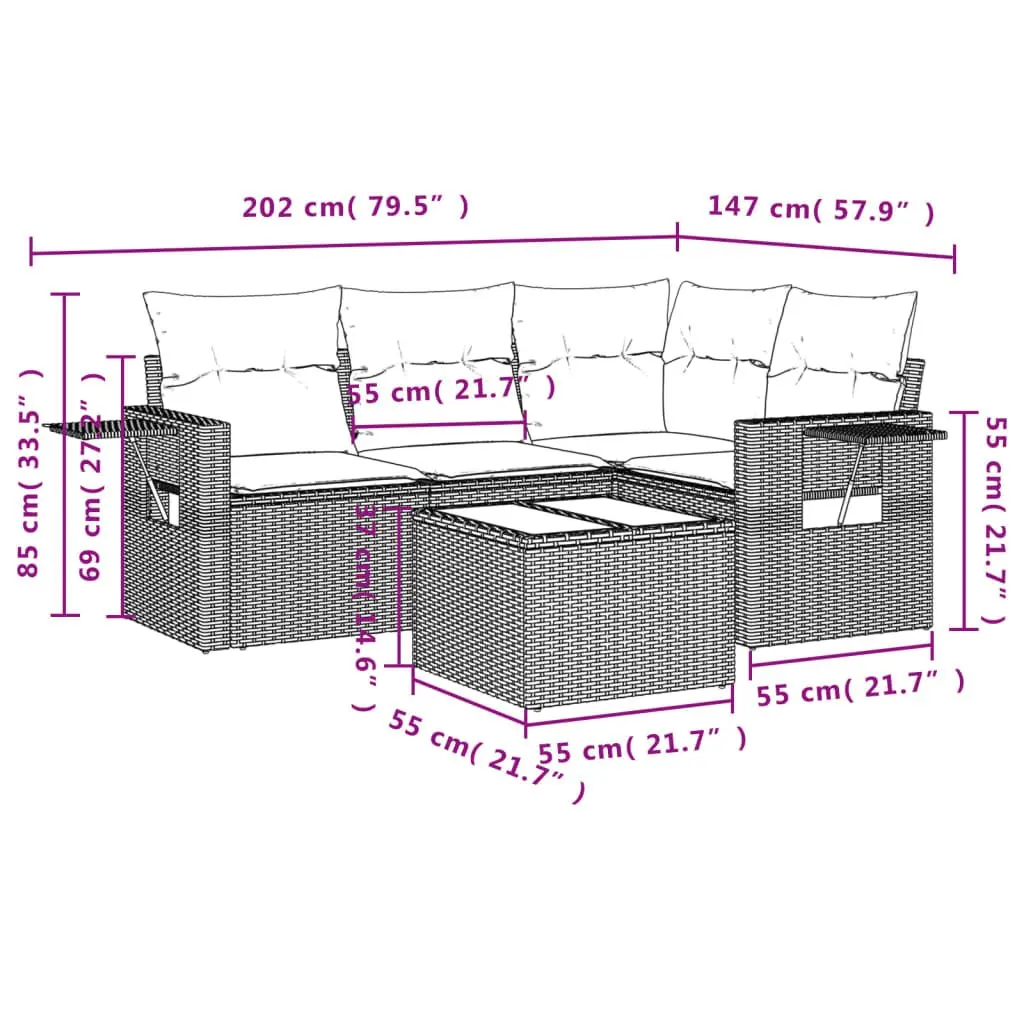 Garden Sofa Set PE Rattan 5 Piece Outdoor Furniture Black with Cushions and Tempered Glass Table